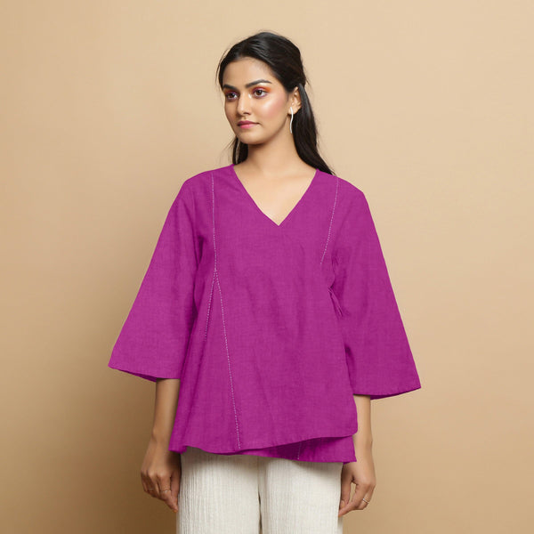 Magenta Cotton Linen Asymmetrical V-Neck Godet Top