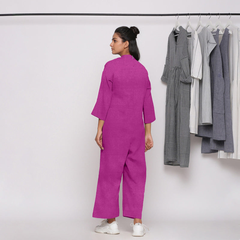 Magenta Cotton Linen Comfort Fit High Neck Jumpsuit