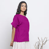 Magenta Cotton Linen Drop Shoulder Sleeves Yoked Top