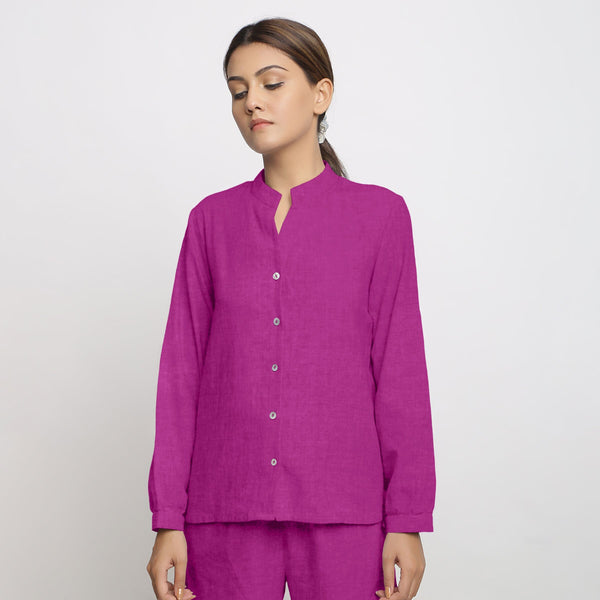 Magenta Cotton Linen Mandarin Collar Full Sleeve Shirt