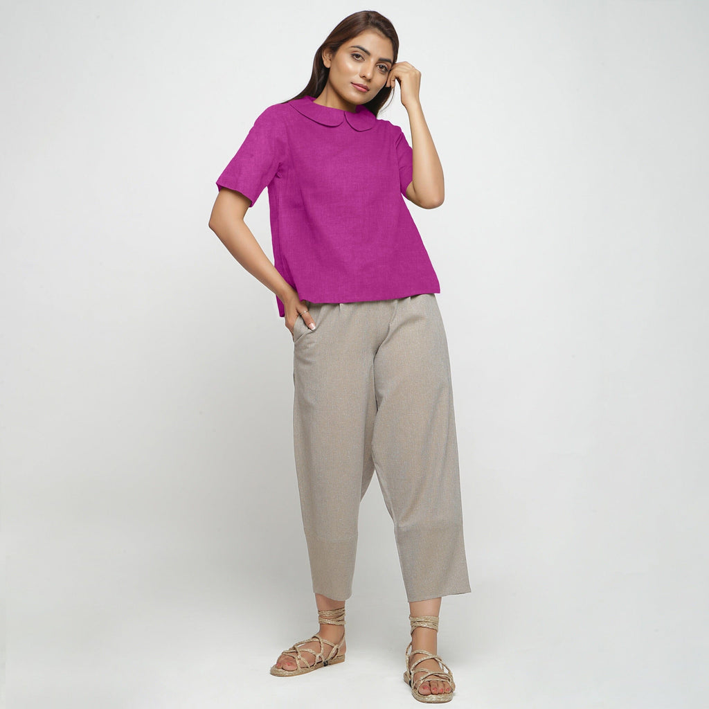 Magenta Cotton Linen Peter Pan Collar Half Sleeve Top