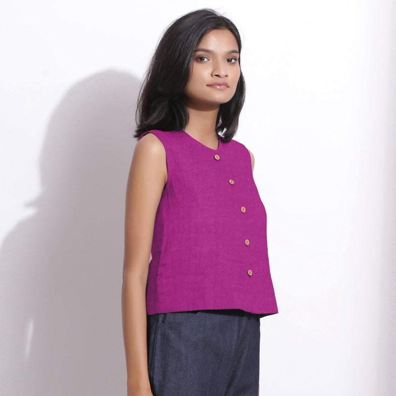 Magenta Cotton Linen Sleeveless Button-Down Shirt