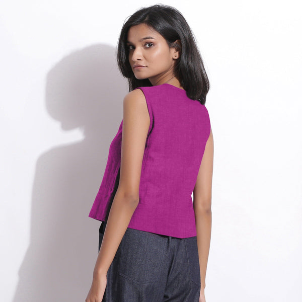 Magenta Cotton Linen Sleeveless Button-Down Shirt