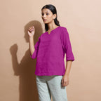 Magenta Cotton Linen Split-Neck Tunic Top