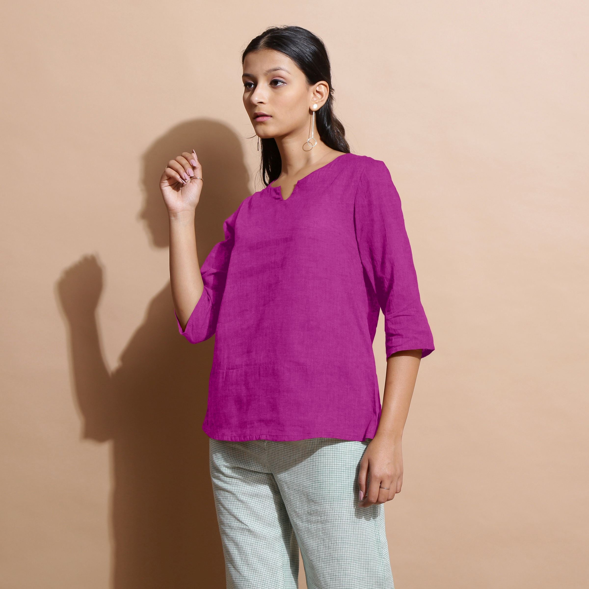 Magenta Cotton Linen Split-Neck Tunic Top