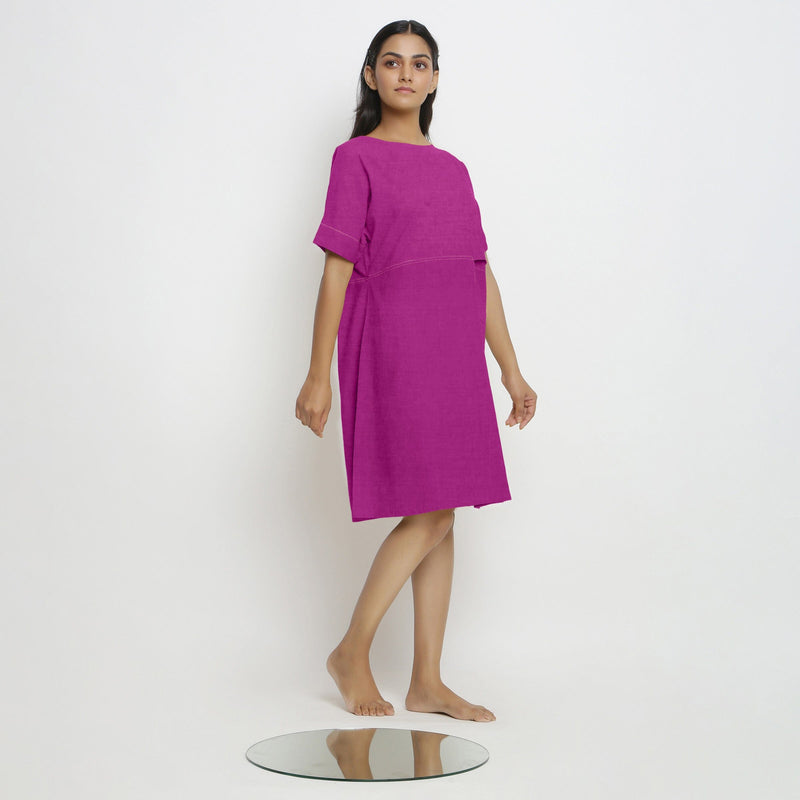 Magenta Cotton Linen Yoked Knee Length Shift Dress