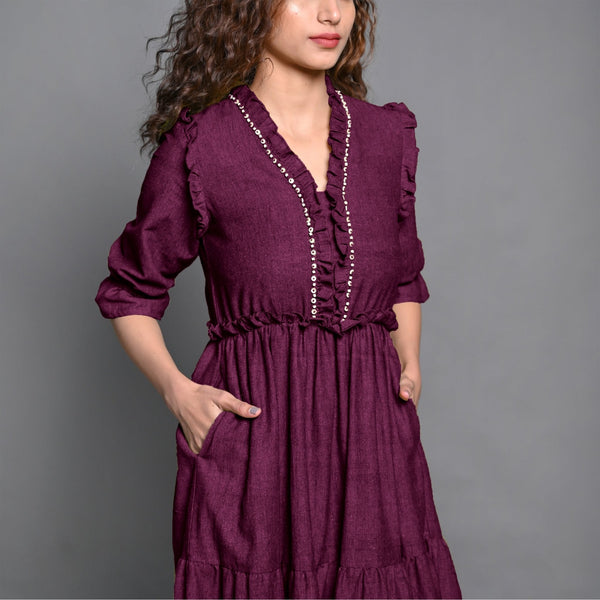 Magenta Hand-Beaded Handspun Cotton Boho Maxi Dress