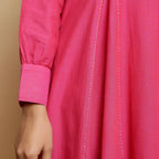Close View of a Model wearing Magenta Hand-Embroidered Paneled Dress