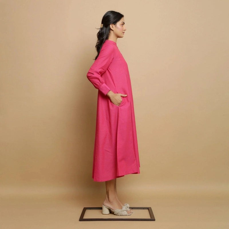 Right View of a Model wearing Magenta Hand-Embroidered Paneled Dress