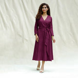 Magenta Handspun Cotton Drop Shoulder Midi Wrap Dress