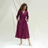 Magenta Handspun Cotton Drop Shoulder Midi Wrap Dress