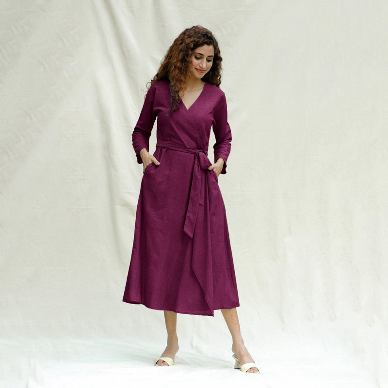 Magenta Handspun Cotton Drop Shoulder Midi Wrap Dress