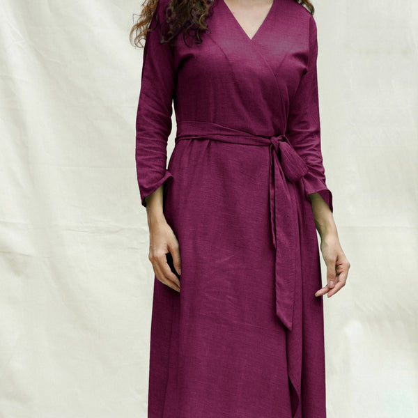 Magenta Handspun Cotton Drop Shoulder Midi Wrap Dress