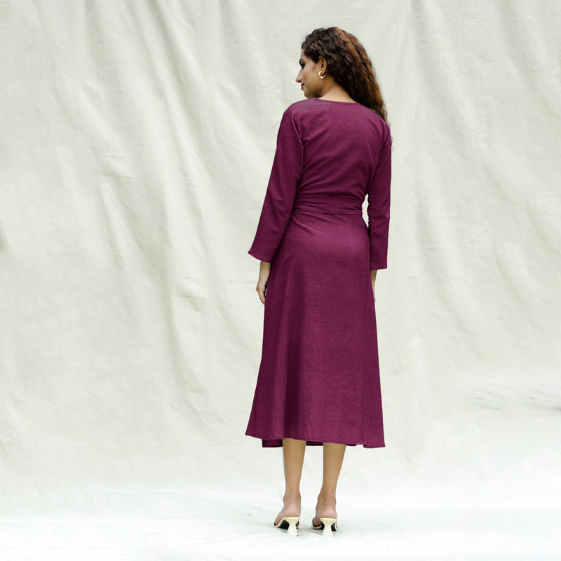 Magenta Handspun Cotton Drop Shoulder Midi Wrap Dress