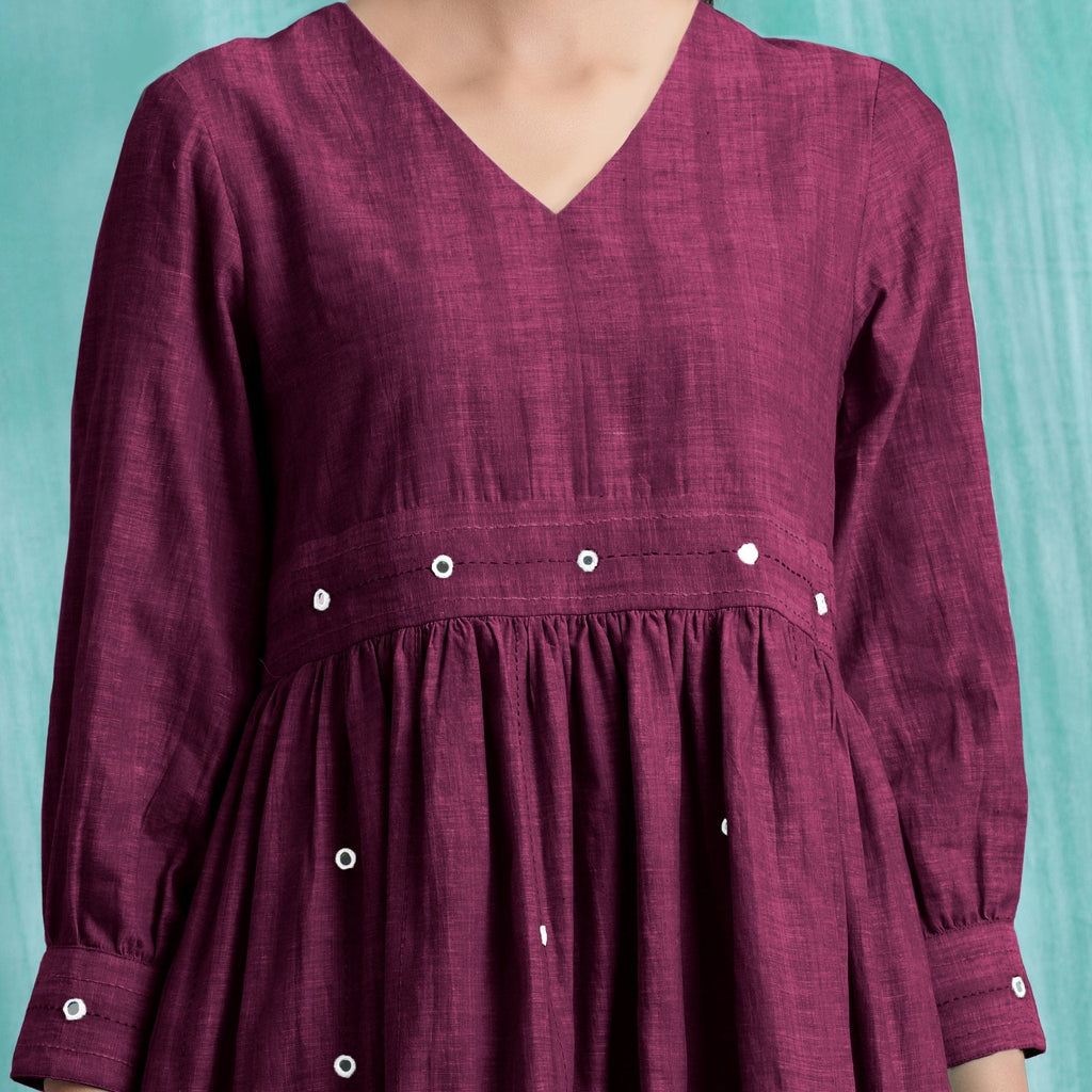 Magenta Handspun Cotton V-Neck Gathered Short Dress