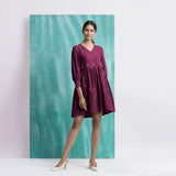 Magenta Handspun Cotton V-Neck Gathered Short Dress