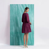 Magenta Handspun Cotton V-Neck Gathered Short Dress