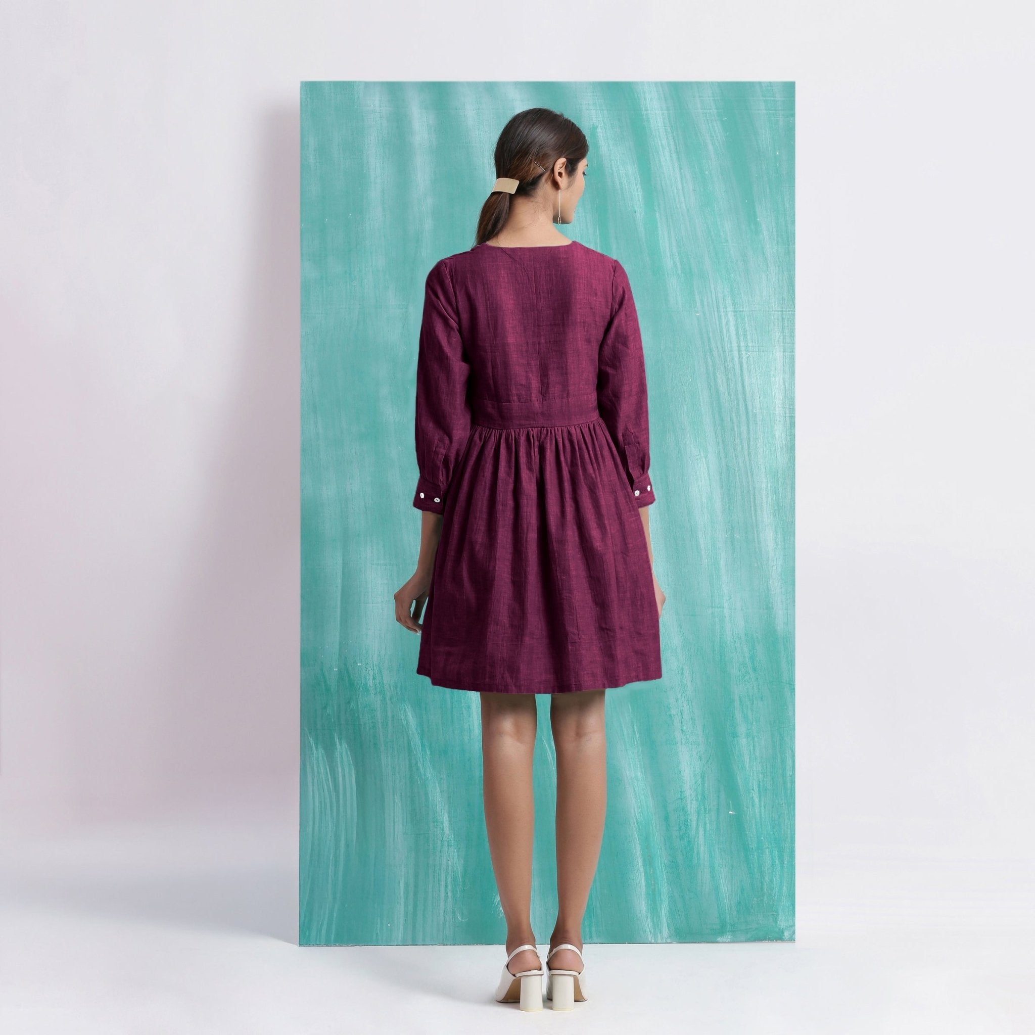 Magenta Handspun Cotton V-Neck Gathered Short Dress