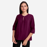 Magenta Handspun Yarn-Dyed Cotton Split Neck Top