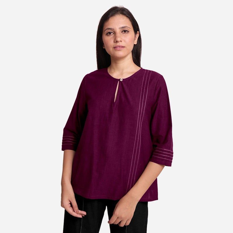 Magenta Handspun Yarn-Dyed Cotton Split Neck Top