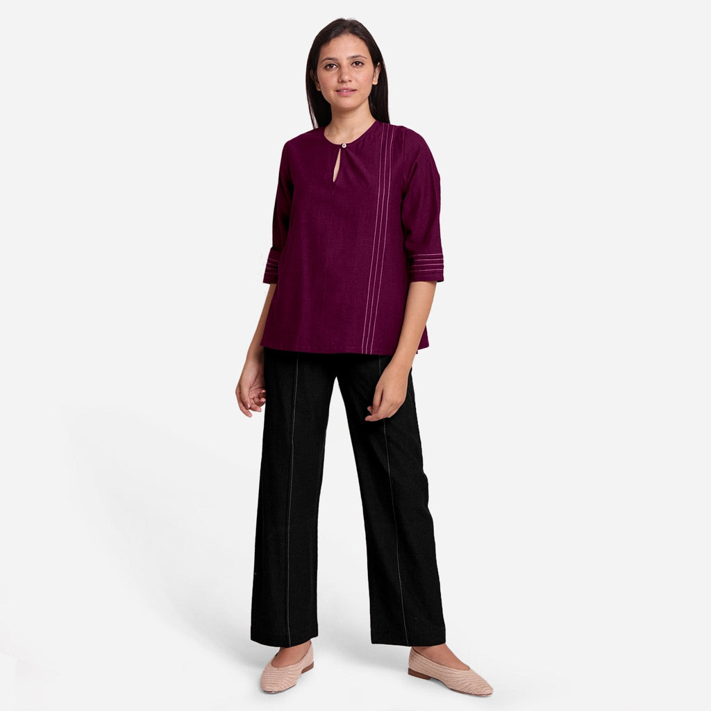 Magenta Handspun Yarn-Dyed Cotton Split Neck Top