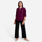 Magenta Handspun Yarn-Dyed Cotton Split Neck Top