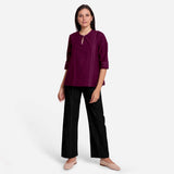 Magenta Handspun Yarn-Dyed Cotton Split Neck Top