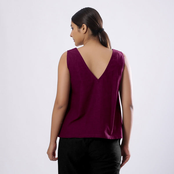 Magenta Handspun Yarn-Dyed Cotton V-Neck Top