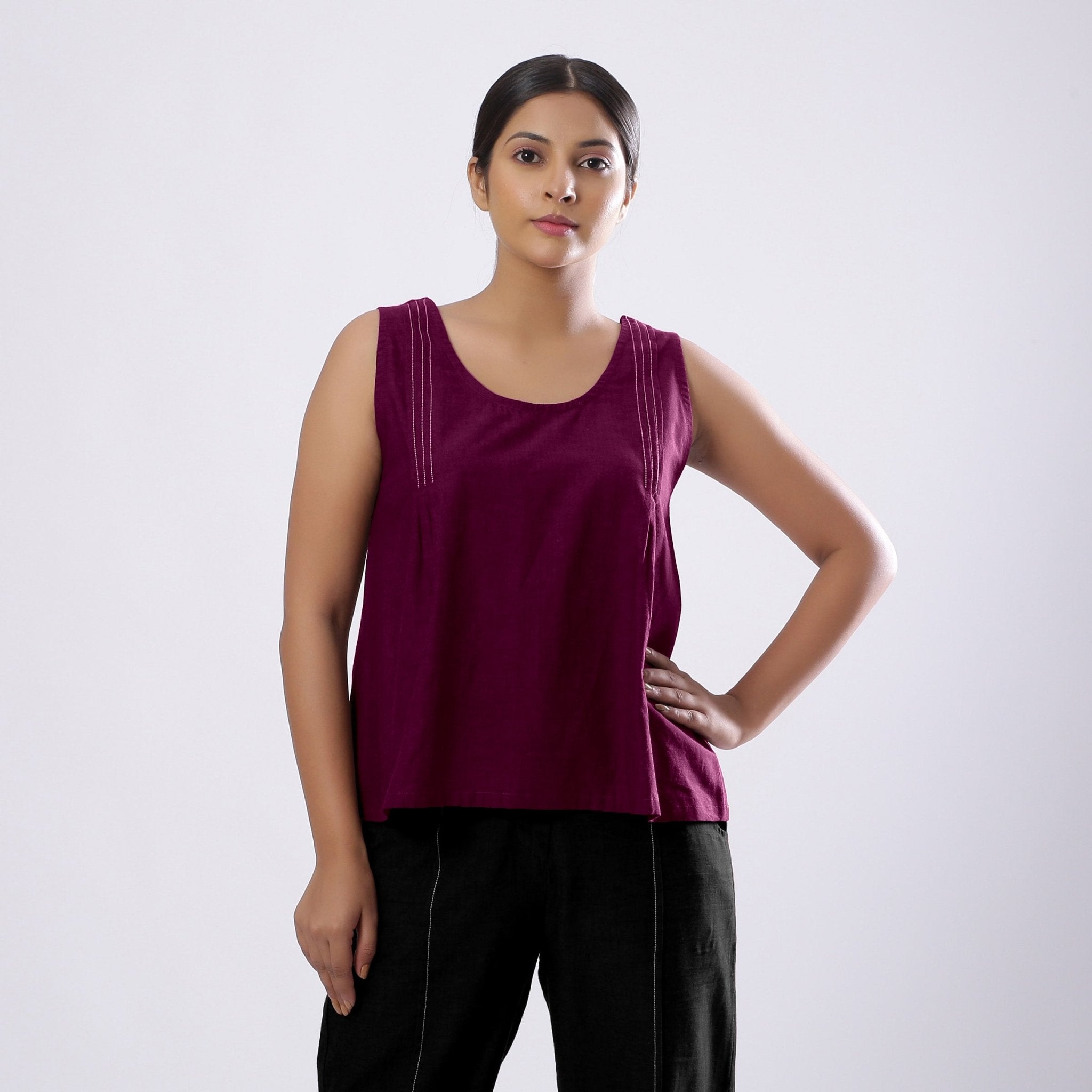 Magenta Handspun Yarn-Dyed Cotton V-Neck Top