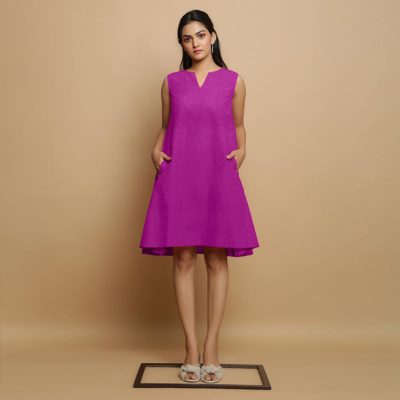 Front View of a Model wearing Magenta Linen Embroidered Knee-Length Godet Dress
