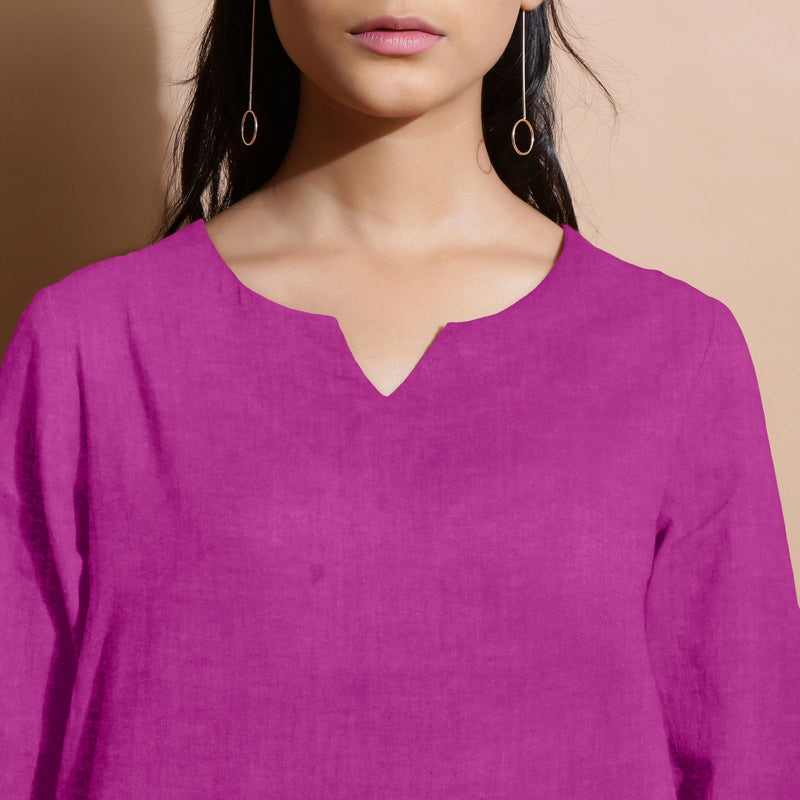 Front Detail of a Model wearing Magenta 100% Linen Split-Neck Tunic Top