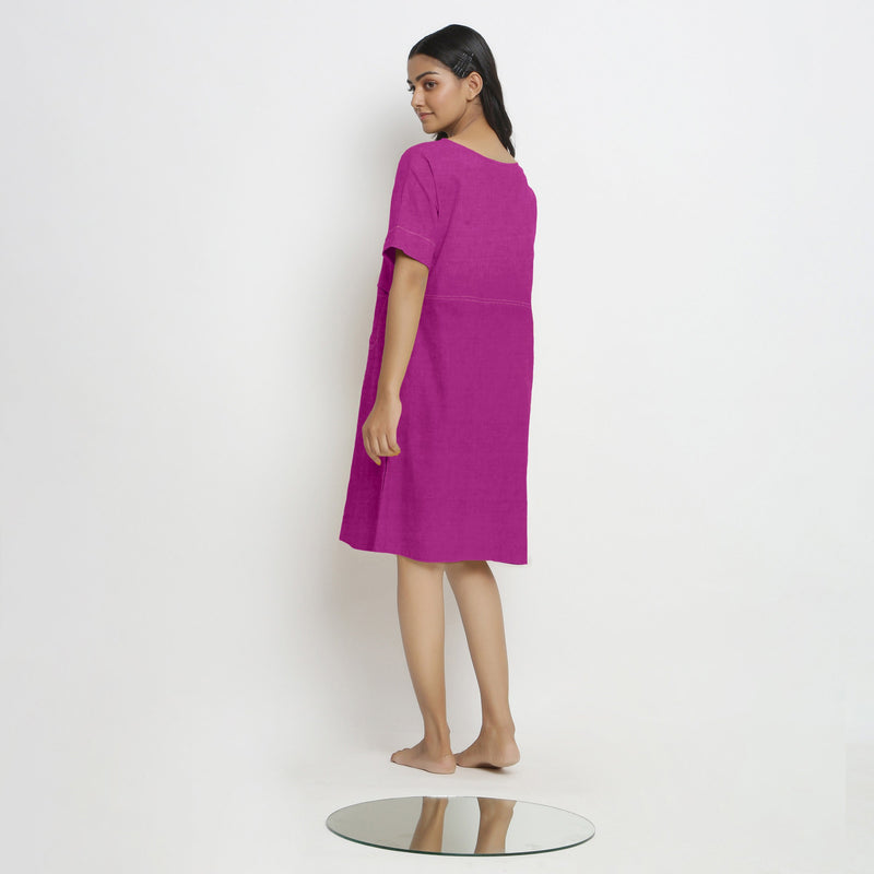 Back View of a Model wearing Magenta Linen Knee Length Shift Yoked Dress