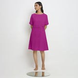 Front View of a Model wearing Magenta Linen Knee Length Shift Yoked Dress