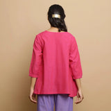 Back View of a Model wearing Magenta Mangalgiri Cotton Flared Top