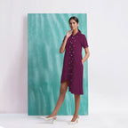 Magenta Mirror Work Cotton Knee Length Asymmetrical Dress