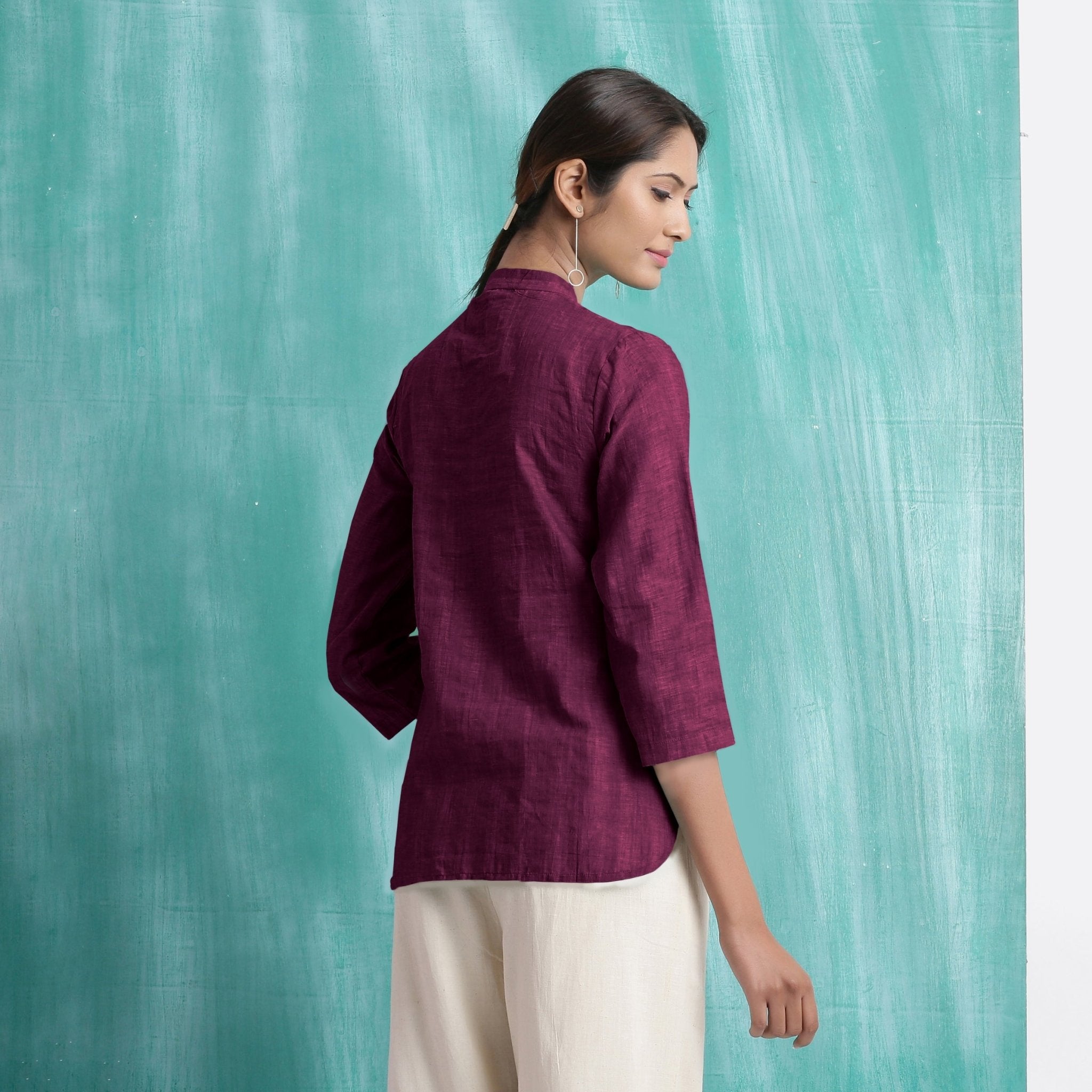 Magenta Mirror Work Cotton Mandarin Collar Top