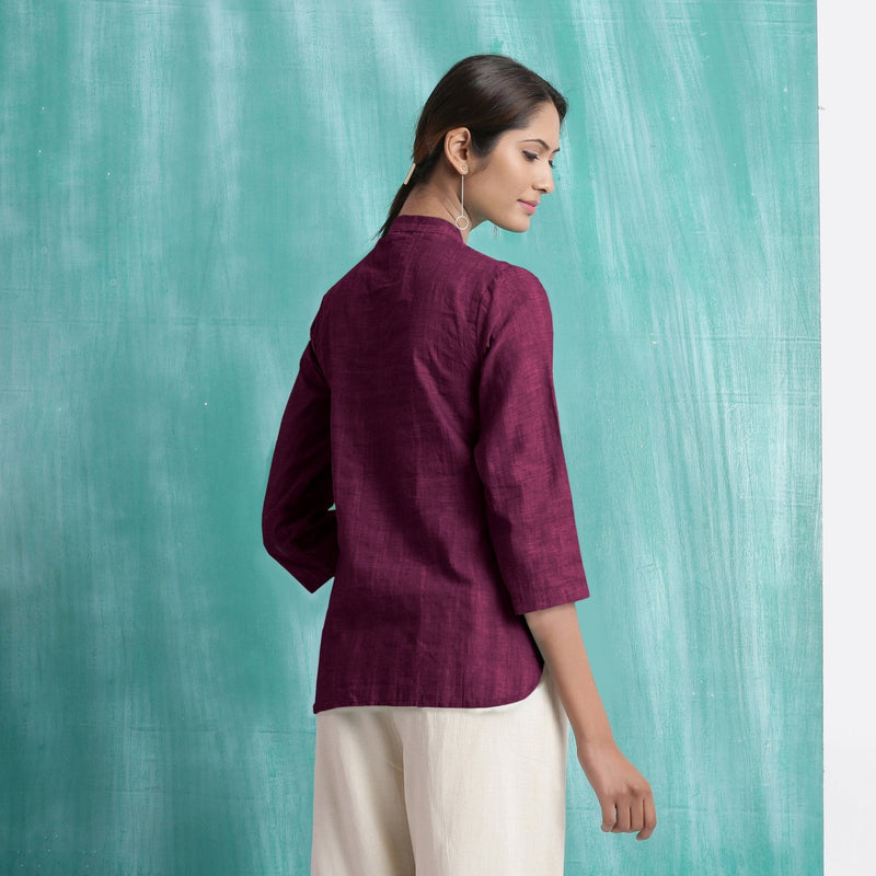 Magenta Mirror Work Cotton Mandarin Collar Top