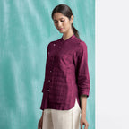 Magenta Mirror Work Cotton Mandarin Collar Top