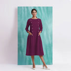 Magenta Mirror Work Embroidered Cotton Paneled Midi Dress