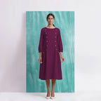 Magenta Mirror Work Embroidered Cotton Paneled Midi Dress