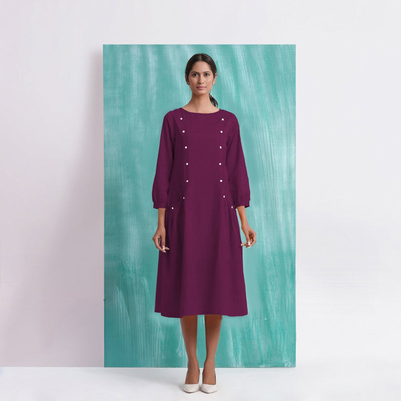 Magenta Mirror Work Embroidered Cotton Paneled Midi Dress
