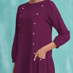 Magenta Mirror Work Embroidered Cotton Paneled Midi Dress