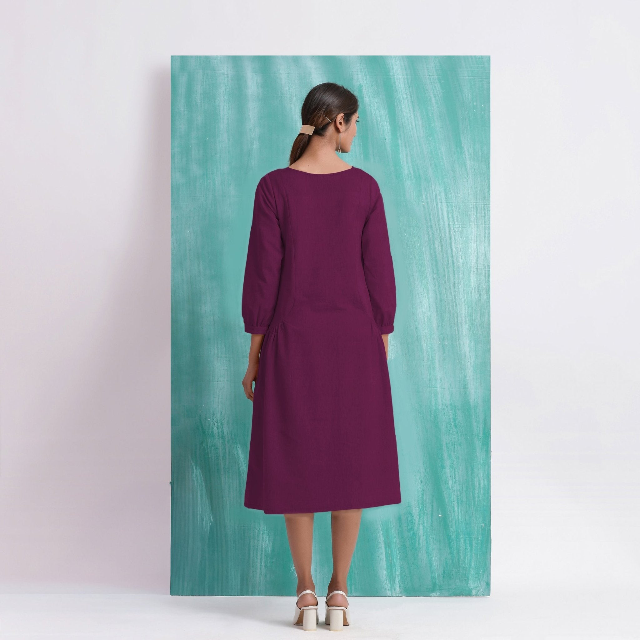 Magenta Mirror Work Embroidered Cotton Paneled Midi Dress