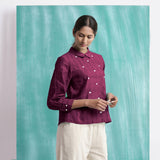 Magenta Mirror Work Yarn-Dyed Cotton Blouse Top