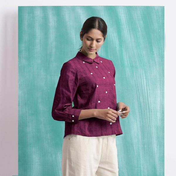 Magenta Mirror Work Yarn-Dyed Cotton Blouse Top