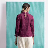 Magenta Mirror Work Yarn-Dyed Cotton Blouse Top