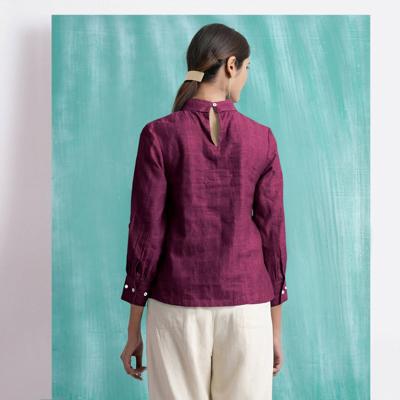 Magenta Mirror Work Yarn-Dyed Cotton Blouse Top