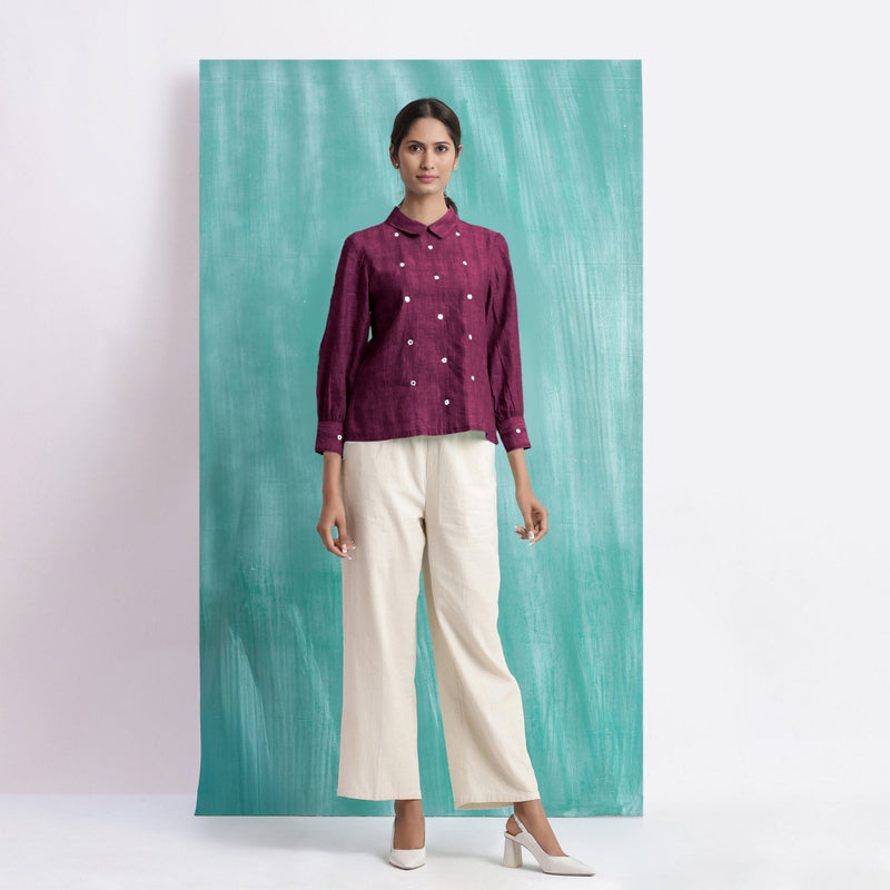 Magenta Mirror Work Yarn-Dyed Cotton Blouse Top