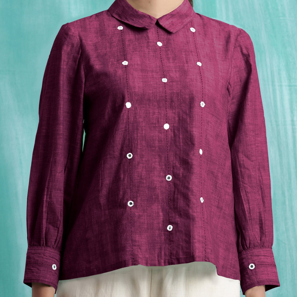 Magenta Mirror Work Yarn-Dyed Cotton Blouse Top