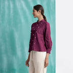Magenta Mirror Work Yarn-Dyed Cotton Blouse Top